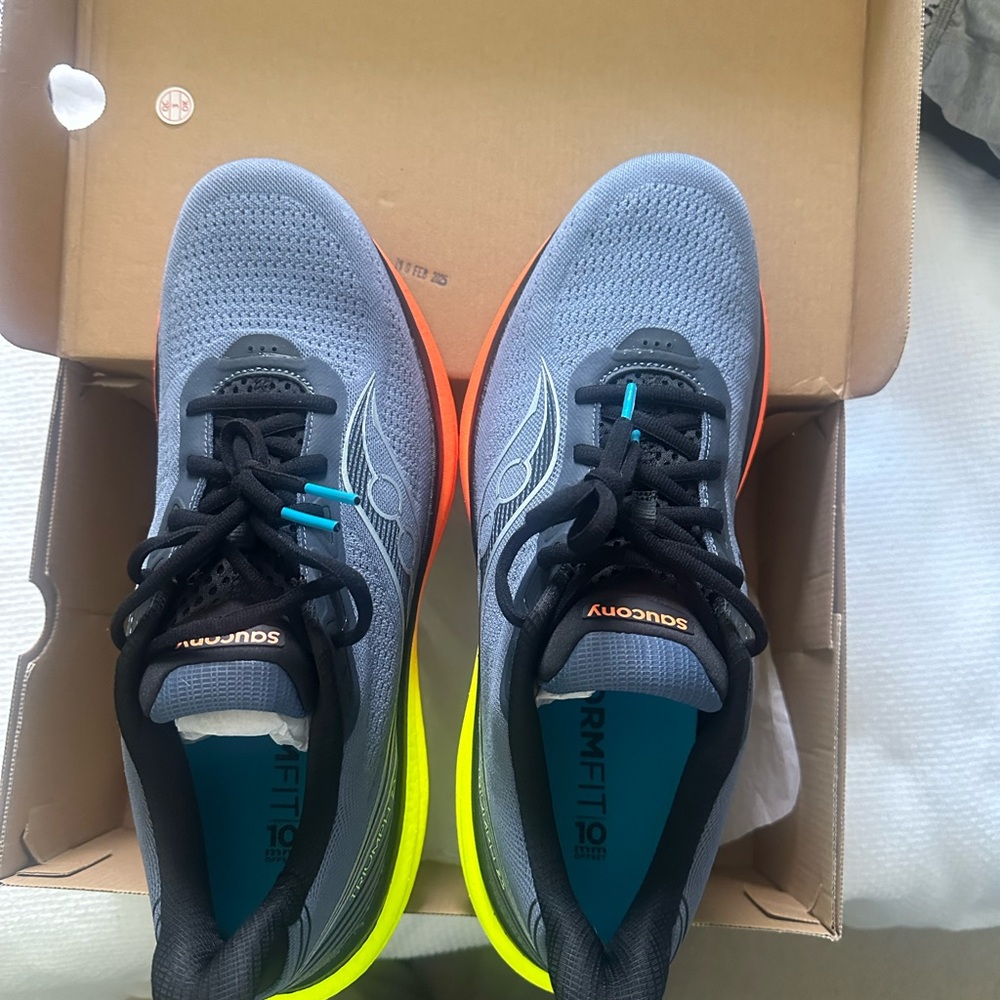 Saucony Men’s Gray Knit Running Shoes with Neon Orange and Yellow Gradient Soles - Picture 5 of 7